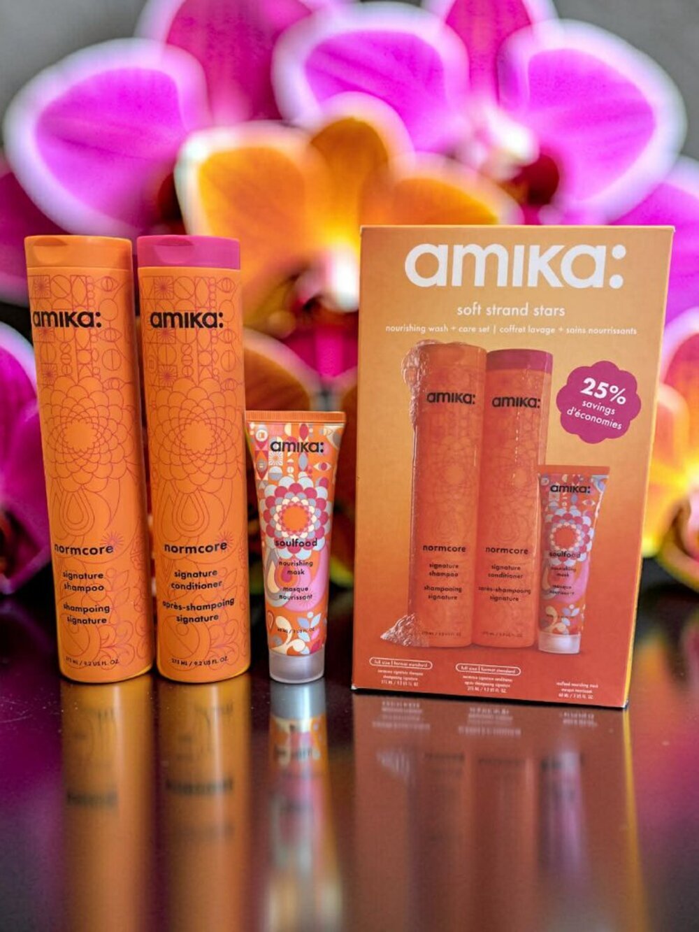 Amika Soft Strand Stars Normcore  Shampoo Conditioner 9.2 oz Soulfood Mask 2 oz